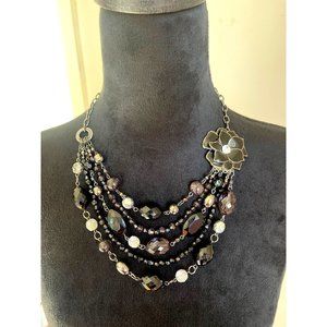 Black & Silver Sparkly Beaded Multi Layered Necklace w Black Flower Accent